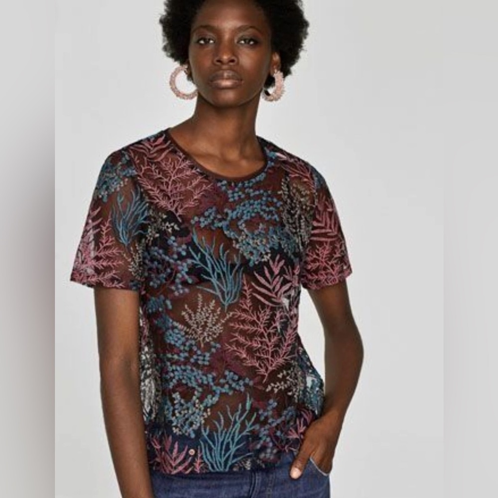 Zara Sz S Women’s Black Mesh Floral Embroidered Tulle Sheer Top - Picture 1 of 10